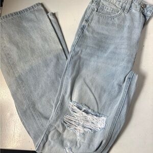 Light Blue Distressed Straight Leg Jeans